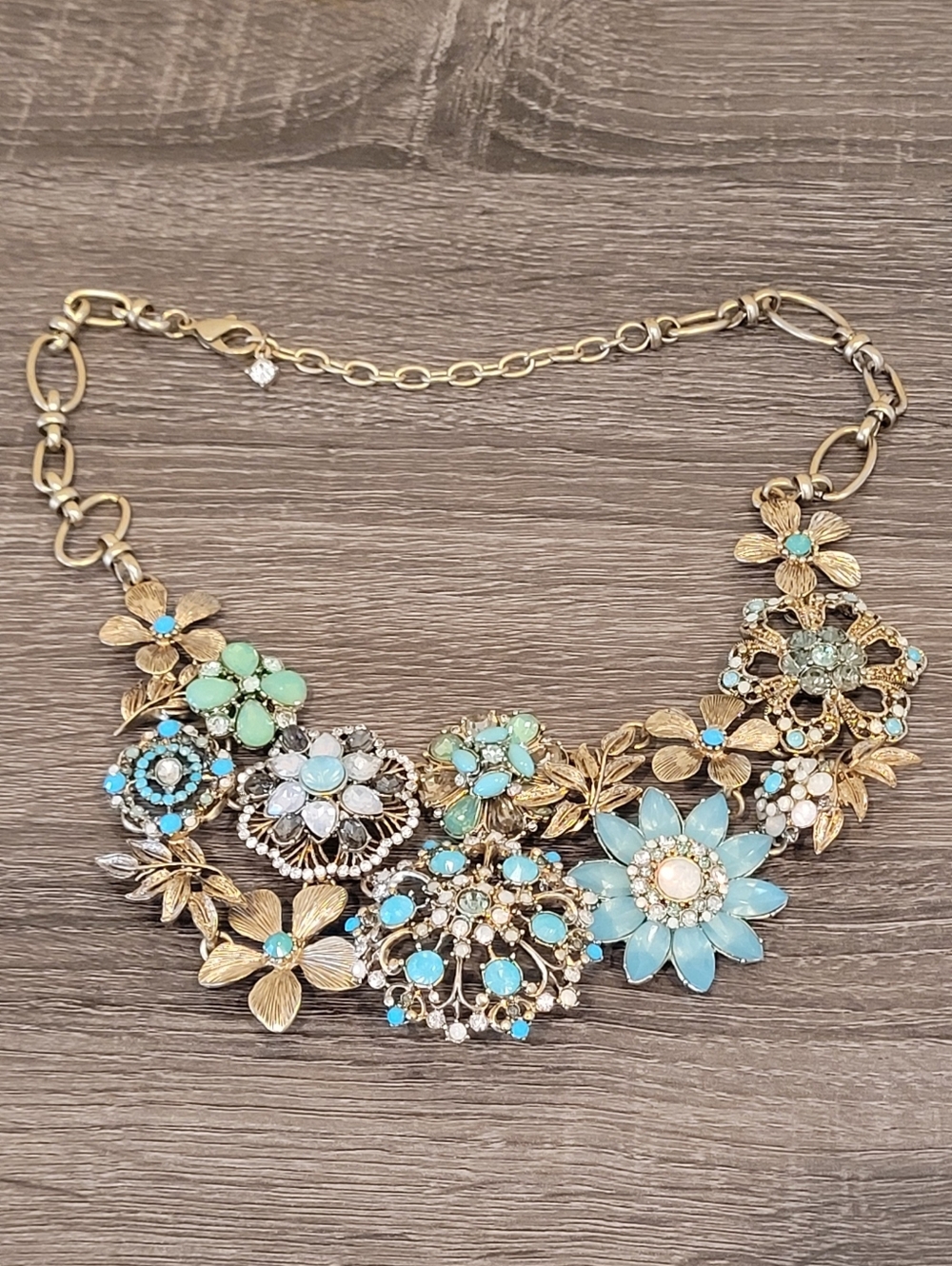 Custom Jewelry Gold-Tone Floral Statement Necklace with Aqua Turquoise Stones